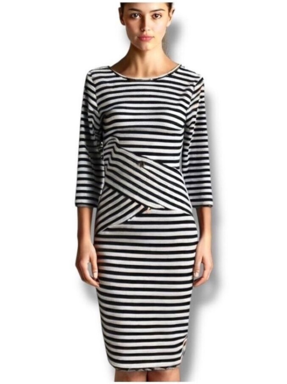 Yelete Black and White Striped MIDI Dress, Women’s Size Large, NWT